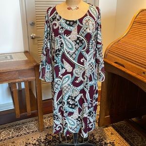 Wine & turquoise paisley sheath dress with 3/4 length bell sleeves